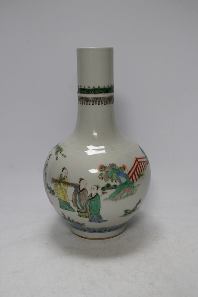 A Chinese famille verte bottle vases, Kangxi mark but later, 25.5cm. Condition - good.